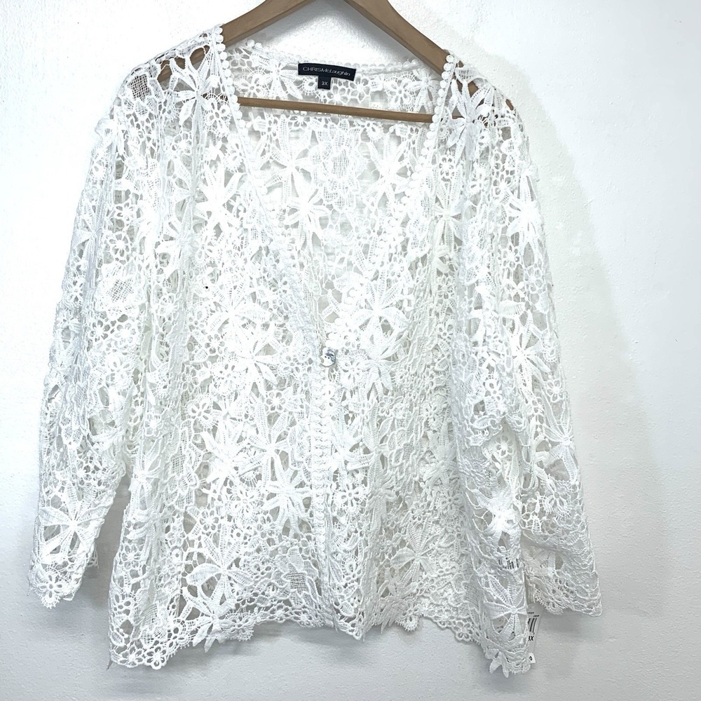 Chris McLaughlin Open Floral Lace Topper Cardigan White 3X New 3/4 Sleeve Travel